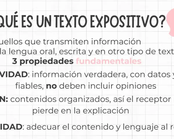 Texto expositivo: información objetiva, ordenada y clara. Sus características son la veracidad, la organización y la adecuación al receptor.