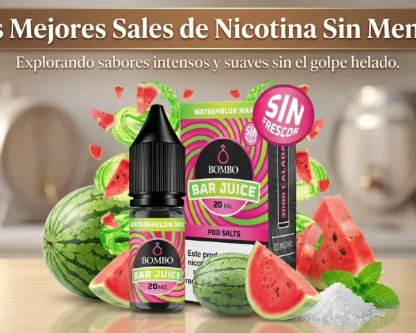 Botella de e-líquido Bombo Bar Juice Watermelon Max con 20 mg de nicotina, rodeada de sandía y menta. ¡20 mg de nicotina es mucho!
