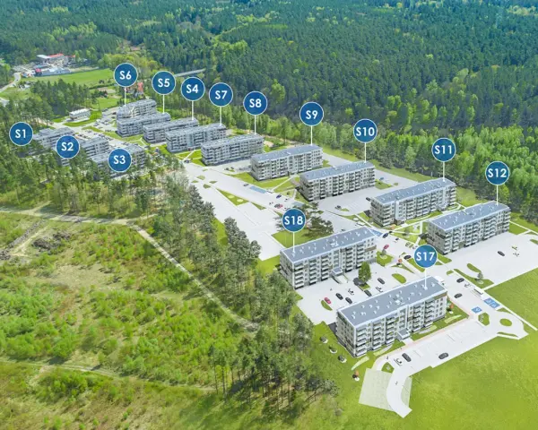 Widok z lotu ptaka na osiedle budynków mieszkalnych otoczone lasem, z oznaczeniami budynków.