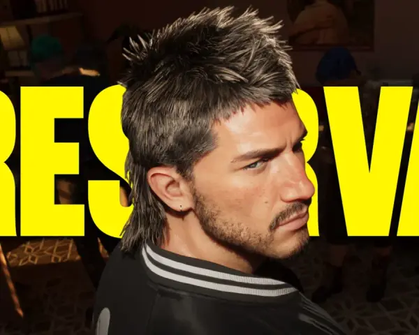 Un hombre con un peinado mullet mira de reojo, con letras amarillas gigantes detrás que dicen "RESERVA". ¡Noticias de GTA 6 que te dejarán sin aliento!