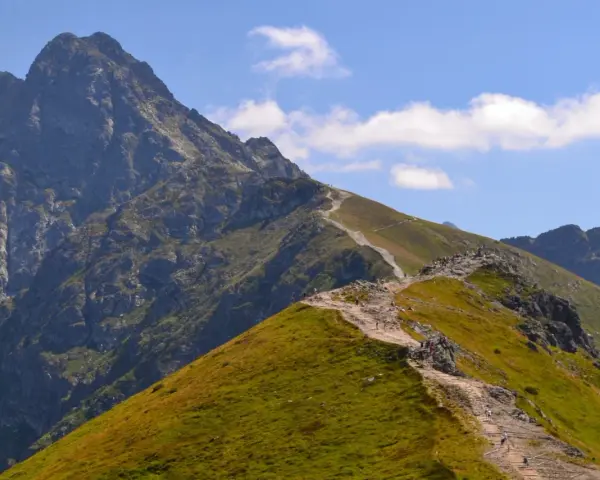 Kamienista ścieżka wije się po zielonych zboczach, prowadząc turystów ku majestatycznym tatry zachodnie szczyty.