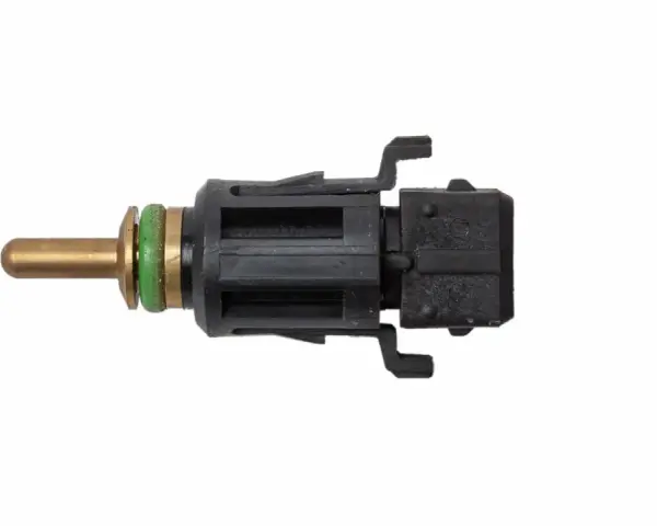 A brass probe with green seals connects to a black plastic connector, part of an ect sensor.