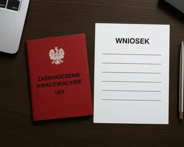 Czerwona książeczka z orłem i napisem "Zaświadczenie Kwalifikacyjne UDT" obok formularza "Wniosek" i długopisu. Przygotowanie do złożenia wniosku o przedłużenie uprawnień UDT online.