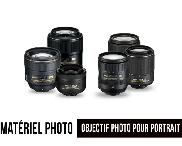 Plusieurs objectifs Nikon, dont un objectif photo pour portrait, sont présentés sur fond blanc.