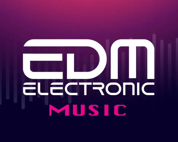 Logo mit "EDM ELECTRONIC MUSIC" in Weiß und Pink vor einem lila Hintergrund mit vertikalen Linien.
