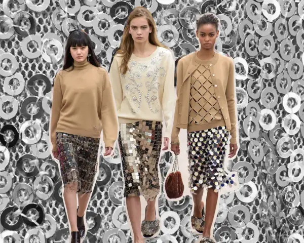 Drei Models zeigen, wie man einen pailletten rock kombiniert: mit Strickpullover, Cardigan oder Rollkragen.