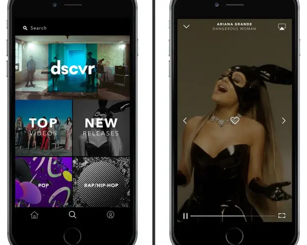 Zwei Smartphones zeigen die App "dscvr". Links eine Übersicht mit "Top Videos", "New Releases", "Pop" und "Rap/Hip-Hop". Rechts Ariana Grande in "Dangerous Woman". Vevo ist eine Musikplattform.