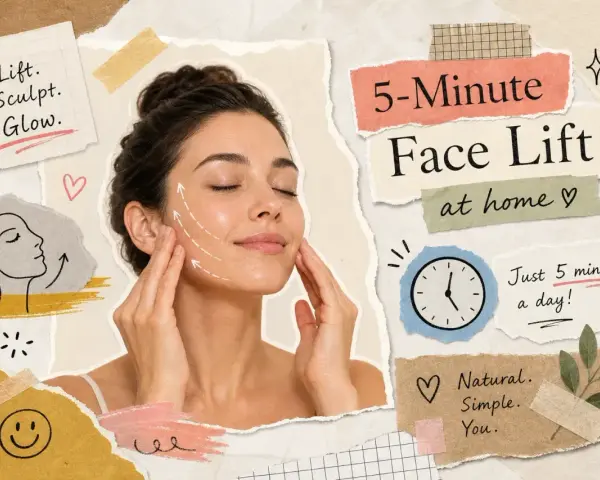 Woman performing a 5-minute face lifting massage at home for a natural glow.