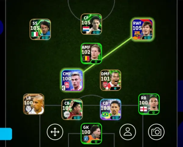Formación 4-2-1-3 en efootball 2025, con jugadores como Messi y Roberto Carlos.