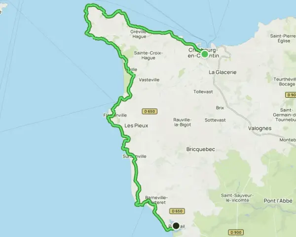 Carte du sentier des douaniers du Cotentin, longeant la côte de Goury à Barneville-Carteret, passant par Cherbourg.