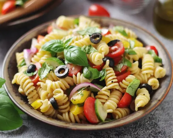 Un'insalata di pasta fredda sfiziosa con fusilli, pomodorini, olive nere, cetrioli, cipolla rossa e basilico fresco.