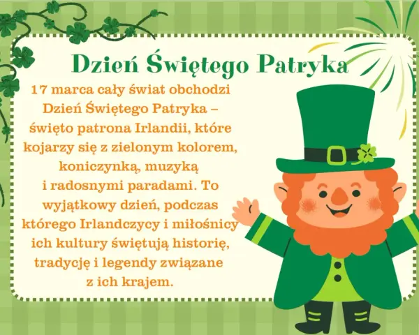 Uroczy skrzat w zielonym kapeluszu świętuje Dzień Świętego Patryka, patrona Irlandii. Obrazek nawiązuje do legend i tradycji tego kraju.