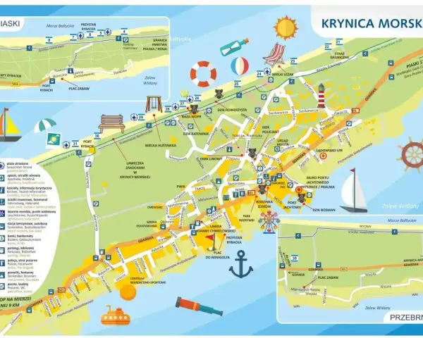 Mapa Krynicy Morskiej z zaznaczoną trasą rowerową i atrakcjami. Odkryj krynica morska trasę i zaplanuj wycieczkę.