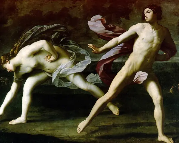 Pintura del barroco: Atalanta y Hipómenes compiten en una carrera, él usa manzanas doradas para distraerla.