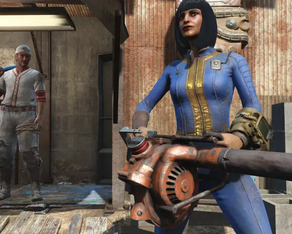Una mujer con traje azul y un hombre con uniforme de béisbol, listos para la acción en Fallout London.