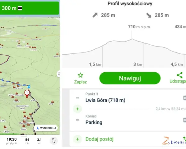 Mapa szlaku turystycznego z zaznaczoną trasą i profilem wysokościowym. Punkt docelowy to Lwia Góra (718 m).