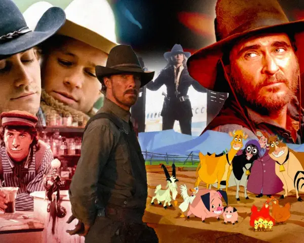 Collage di scene da film western, con personaggi famosi e animali animati, per celebrare i migliori film western.