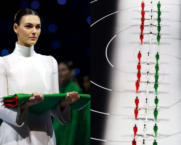 Vittoria Ceretti, con un abito bianco, tiene un fascio di bandiere tricolore. Sullo sfondo, atleti in fila con i colori italiani, un'evocazione della vittoria alle Olimpiadi.
