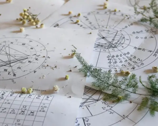 Papierowe wykresy astrologiczne, symbole i linie tworzą skomplikowany wzór. Obok leżą gałązki i drobne kwiaty, jakby ktoś chciał obliczyć horoskop wedyjski.