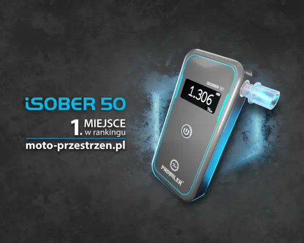 Cyfrowy alkomat Promiler iSober 50 z wyświetlaczem pokazującym 1.306‰ na tle grafiki.