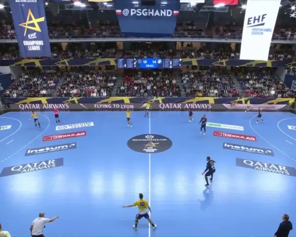 Mecz piłki ręcznej EHF Champions League, zawodnicy PSG walczą o zwycięstwo. Vive PSG!