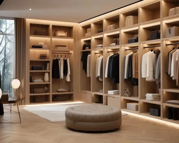 Elegancka garderoba z markami premium ubrania, wyeksponowanymi na półkach i wieszakach.