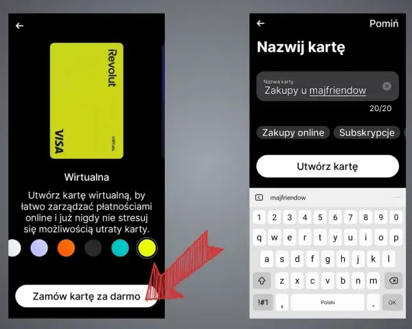 Jak aktywować kartę Revolut: wybierz kolor, nazwij kartę "Zakupy u majfriendow" i utwórz ją.