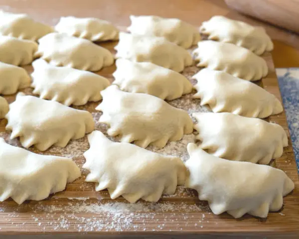 Surowe pierogi ułożone rzędami na drewnianej desce, posypanej mąką.