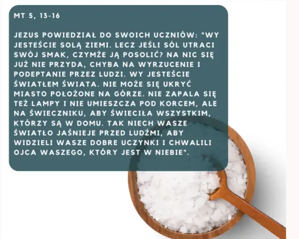 Wy jesteście solą ziemi" – cytat z Ewangelii wg św. Mateusza, ilustrowany miską pełną soli i drewnianą łyżką.