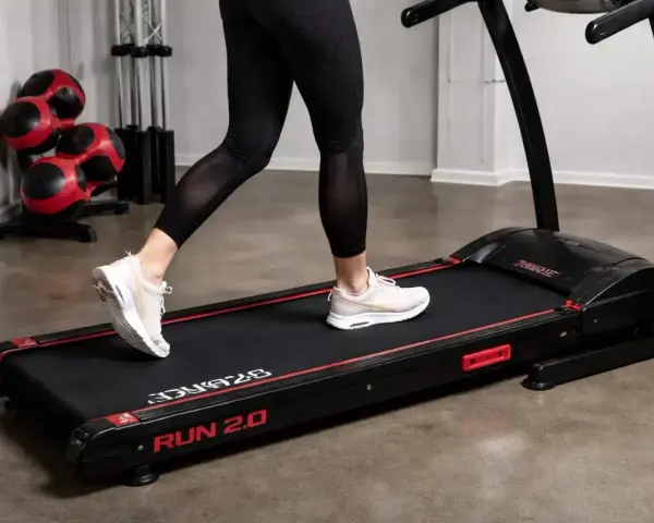 Person springer intervaller på löpbandet "RUN 2.0". Träningsredskap i bakgrunden.