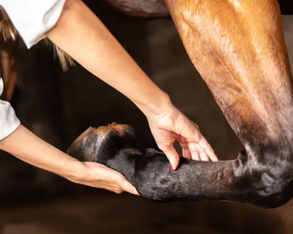Vétérinaire examinant la jambe d'un cheval, possiblement pour diagnostiquer une arthrose.