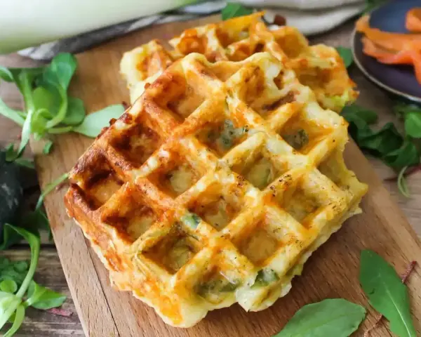Gaufres salées dorées, garnies de poireaux et fromage, prêtes à être dégustées. Une recette facile pour un repas savoureux.