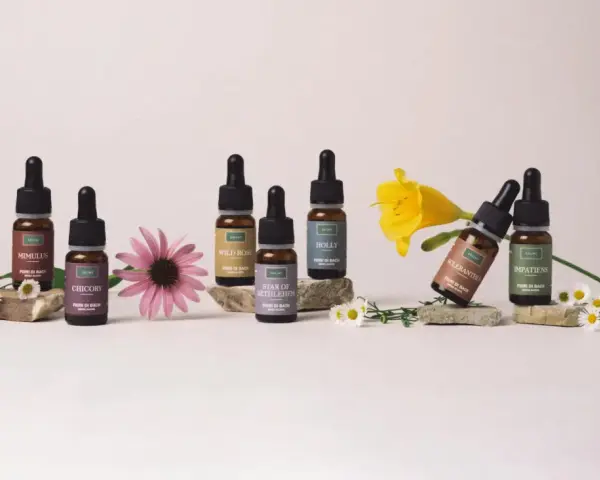 Flaconi di Fiori di Bach, tra cui Mimulus e Chicory, con fiori. Informazioni su rescue remedy controindicazioni.