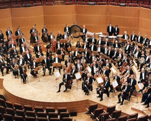Ein großes Orchester mit vielen Musikern, die klassische Instrumente wie Violinen, Celli und Blasinstrumente spielen, posiert auf einer Bühne.