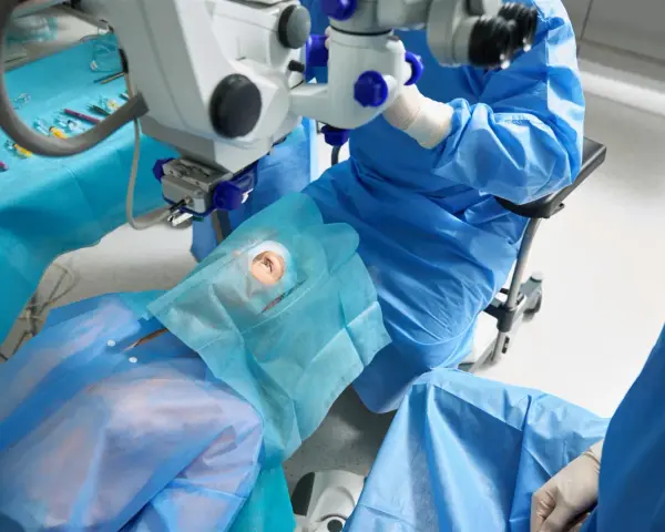 In sala operatoria, un occhio è pronto per l'intervento di cataratta. La durata dell'intervento è breve, circa 15-30 minuti per occhio.