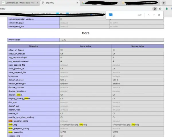 PHP-Konfiguration zeigt den Pfad zur error_log-Datei. Die Einstellung für error_log ist c:/wamp64/logs/php_error.log.