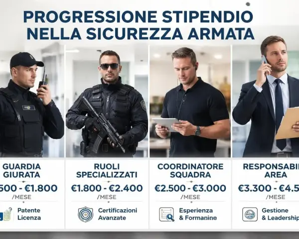Quanto guadagna una guardia giurata? Da €1.500 a €1.800 al mese, con progressione di carriera.