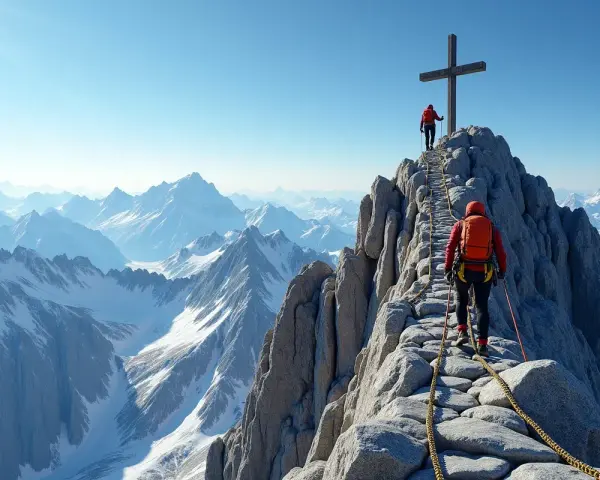 Wielki Giewont wita wspinaczy. Dwóch turystów pokonuje skalną grań z liną asekuracyjną, zmierzając ku szczytowi z krzyżem.