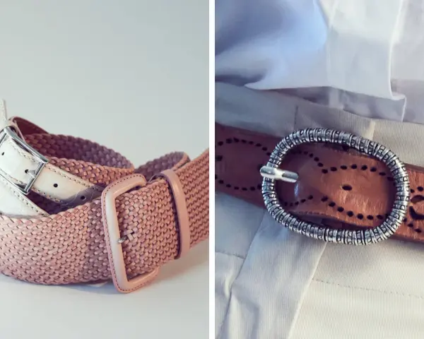 Cinture con diversi tipi di fibbia: una in pelle bianca con fibbia metallica, una rosa intrecciata con fibbia in resina e una marrone con fibbia ovale decorata.