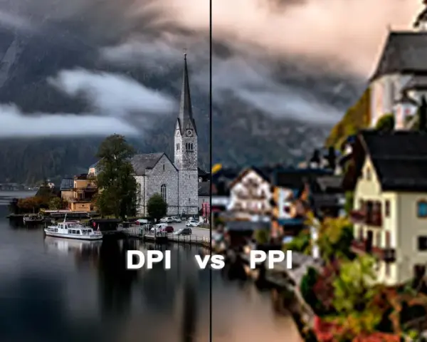 Dwie strony obrazu: lewa z ostrym widokiem na kościół i jezioro, prawa z rozmytym miasteczkiem. Tekst "DPI vs PPI" podkreśla różnicę w jakości.