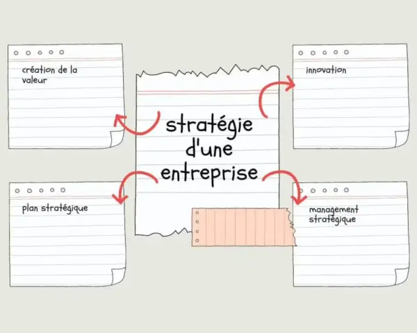 Schéma illustrant la stratégie d'une entreprise : création de valeur, innovation, management stratégique et plan stratégique. Le domaine d'activité stratégique définit ces piliers.