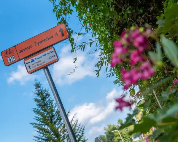 Znaki wskazują trasy rowerowe w Żywcu: Jezioro Żywieckie, Amfiteatr i dworzec PKP.