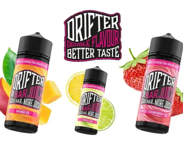 Tres botellas de jugos Drifter con sabores frutales: Mango Ice, Lemon & Lime y Sweet Strawberry Ice. ¡Disfruta de los sabores Drifter!