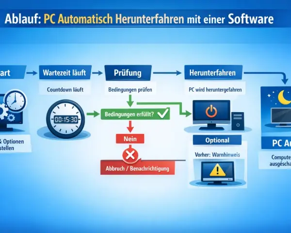 Ablauf eines **windows shutdown timer**: Start, Wartezeit, Prüfung, Herunterfahren, PC Aus. Countdown läuft, Bedingungen prüfen, optional Warnhinweis.