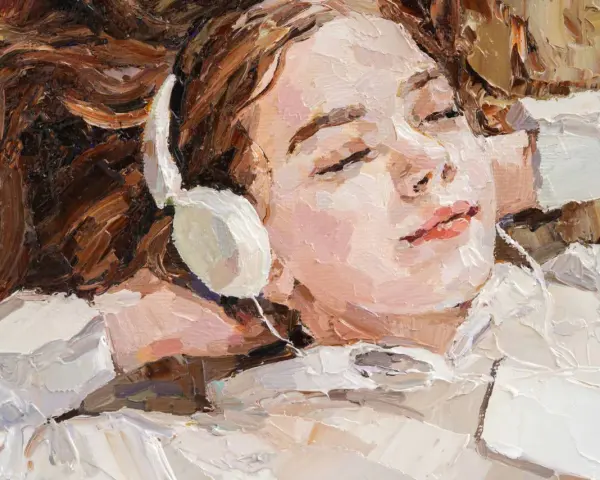 Retrato de una joven con auriculares, sumergida en el impresionismo musical. Su rostro relajado y ojos cerrados transmiten la profunda conexión con la melodía.