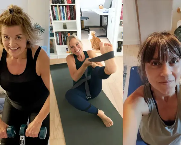 Tre kvinnor tränar hemma. En lyfter vikter, en annan gör yoga med ett band, och den tredje är nära. Kbt på egen hand kan vara en del av en hälsosam livsstil.