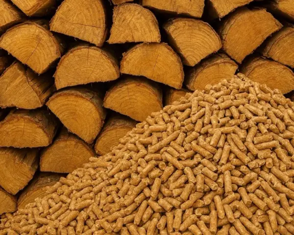 Bûches de bois empilées à côté d'une montagne de granulés, deux formes de biomasse offrant un excellent pouvoir calorifique pour le chauffage.