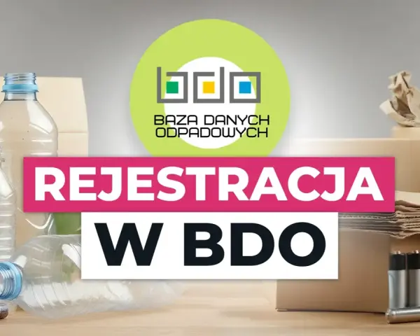 Chcesz wiedzieć, jak sprawdzić numer BDO po NIP? Grafika przedstawia logo BDO i tekst "Rejestracja w BDO" na tle butelek, baterii i kartonów.