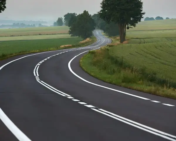 Zakręt drogi z podwójną ciągłą linią. Uważaj, bo wyprzedzanie na podwójnej ciągłej grozi mandatem.