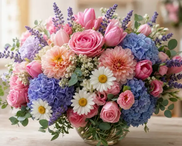 Un ramo vibrante con rosas, tulipanes, hortensias y lavanda, ideal para descubrir tipos de flores para regalar.